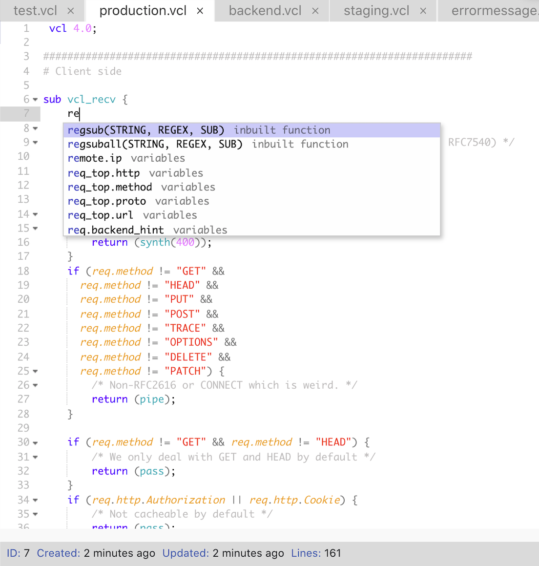 Varnish Controller VCL editor