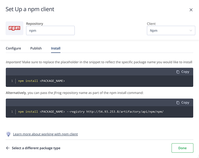 JFrog Artifactory NPM client setup