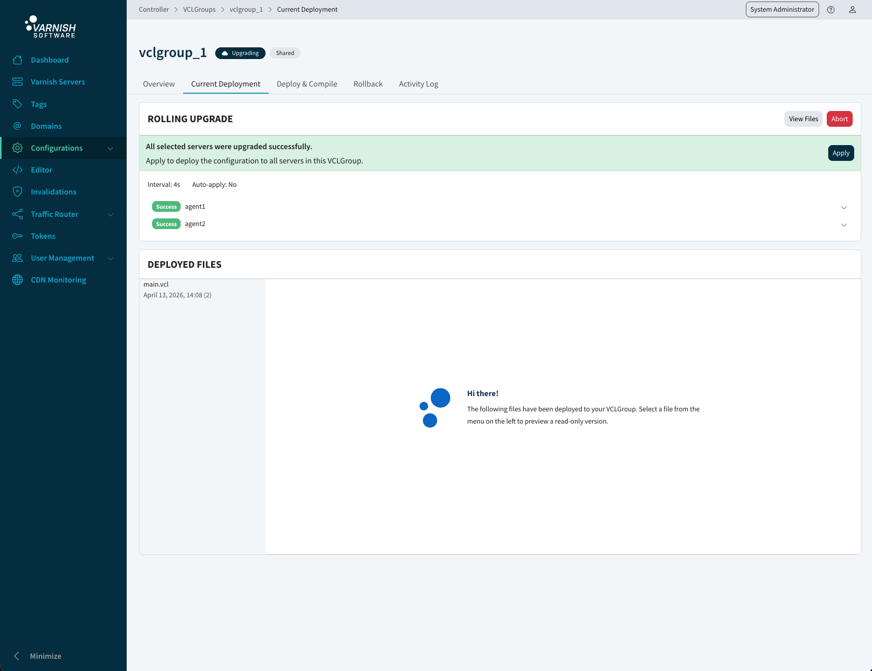 Screenshot shows the Apply and Abort buttons on a completed
rolling upgrade. Apply and abort