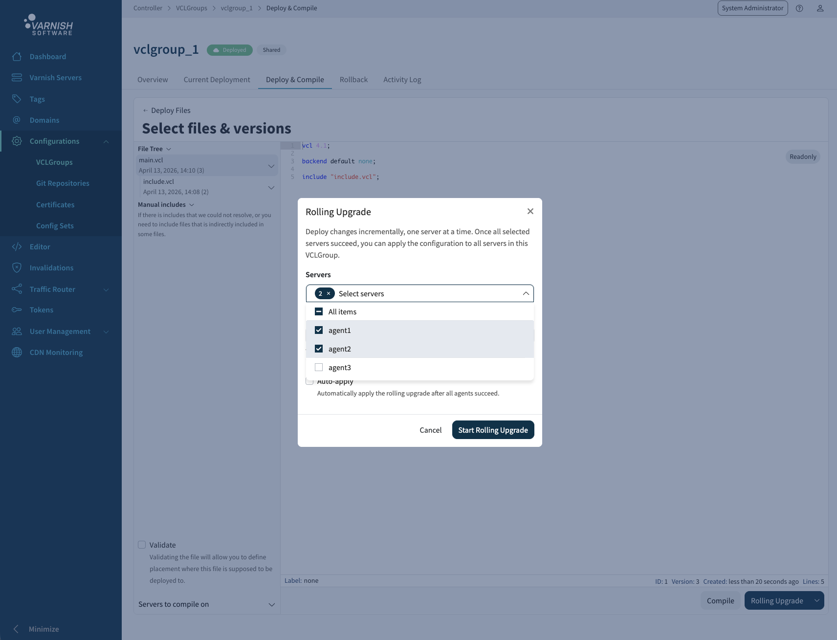 Screenshot shows the Rolling Upgrade dialog with
server selection, interval, and auto-apply. Rolling upgrade dialog