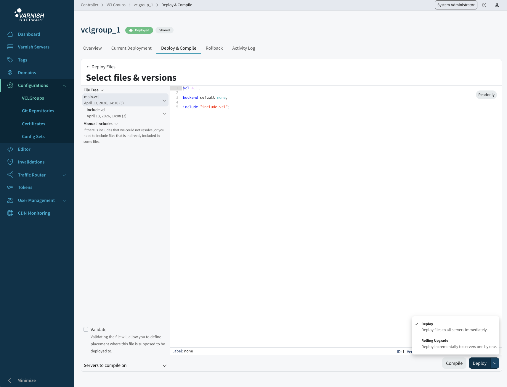 Screenshot shows the Deploy / Rolling Upgrade
dropdown on the deploy step. Deploy mode split button