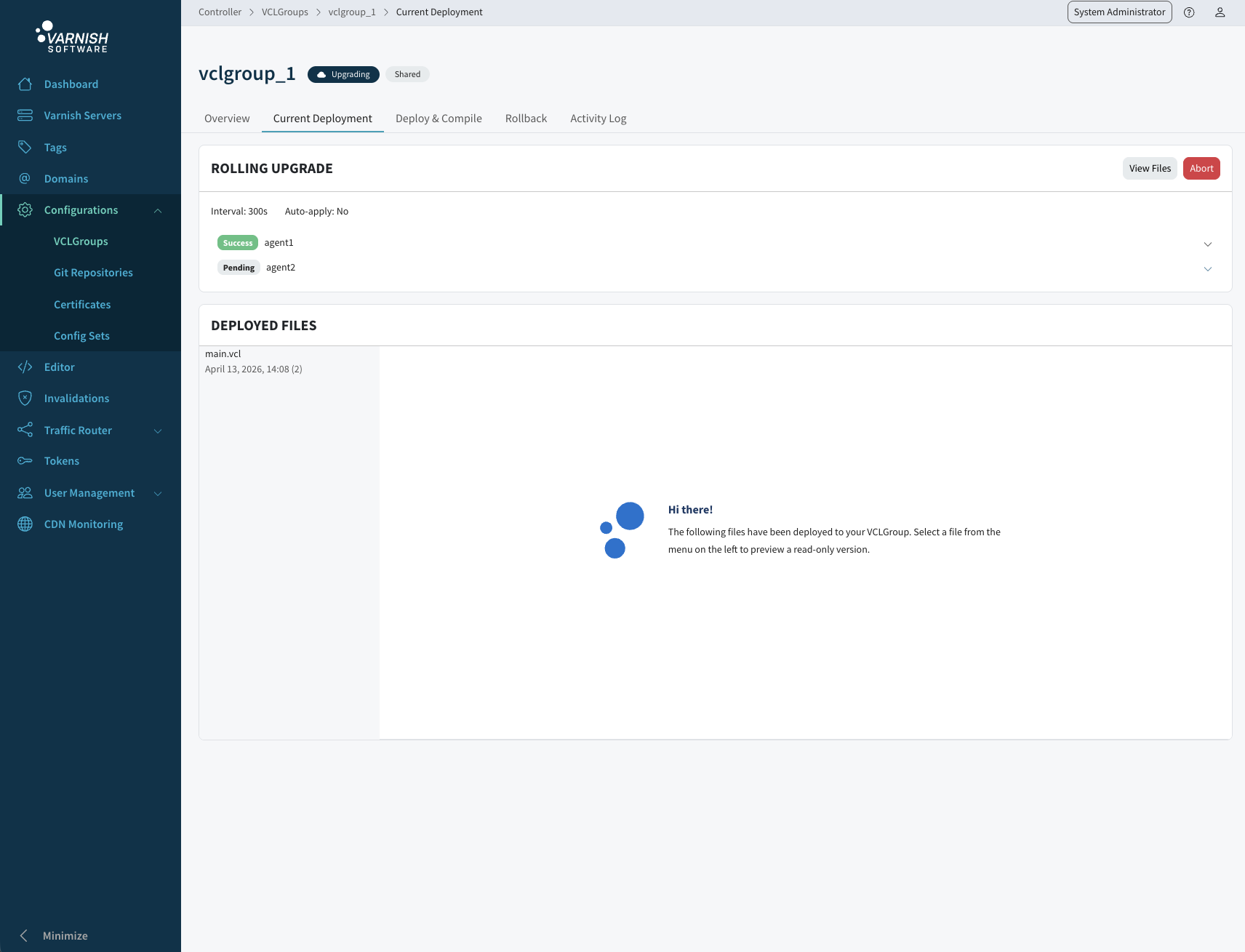 Screenshot shows per-agent rolling upgrade progress in the
Current deployment tab. Rolling upgrade status