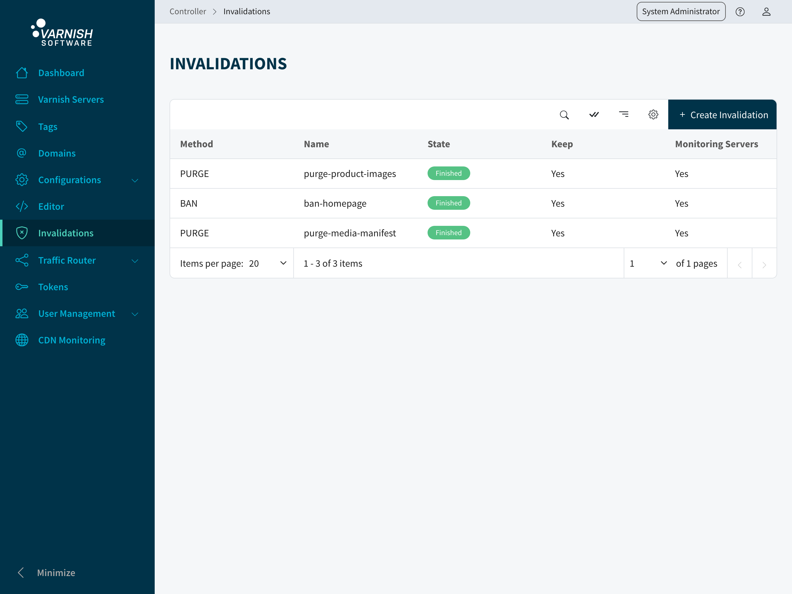 Invalidations list
