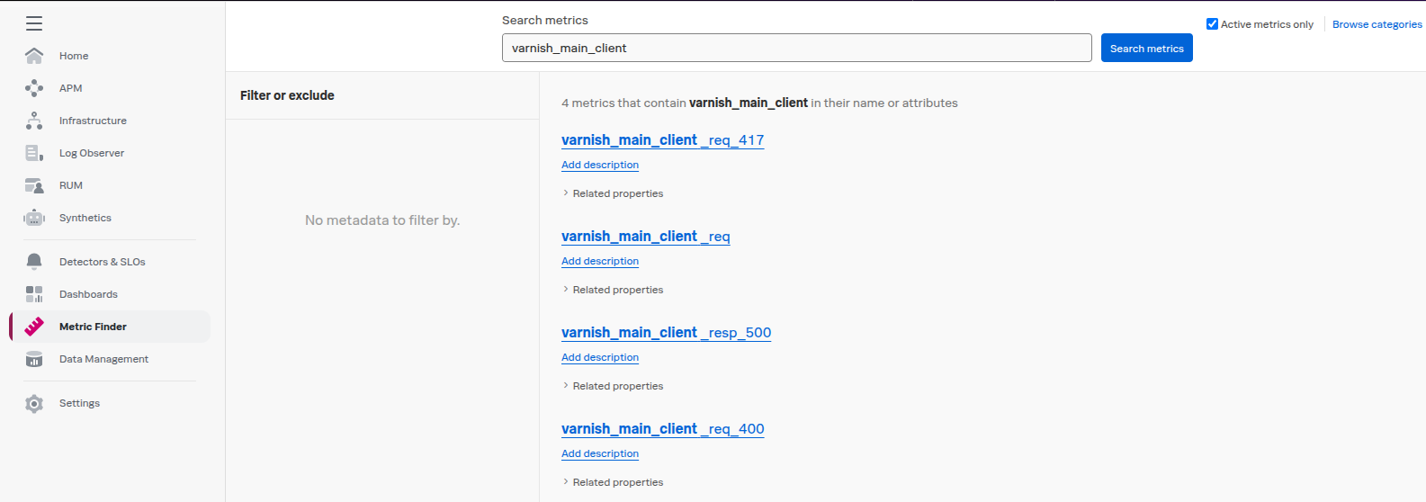 Screenshot of the Splunk Observability Cloud console showing the request